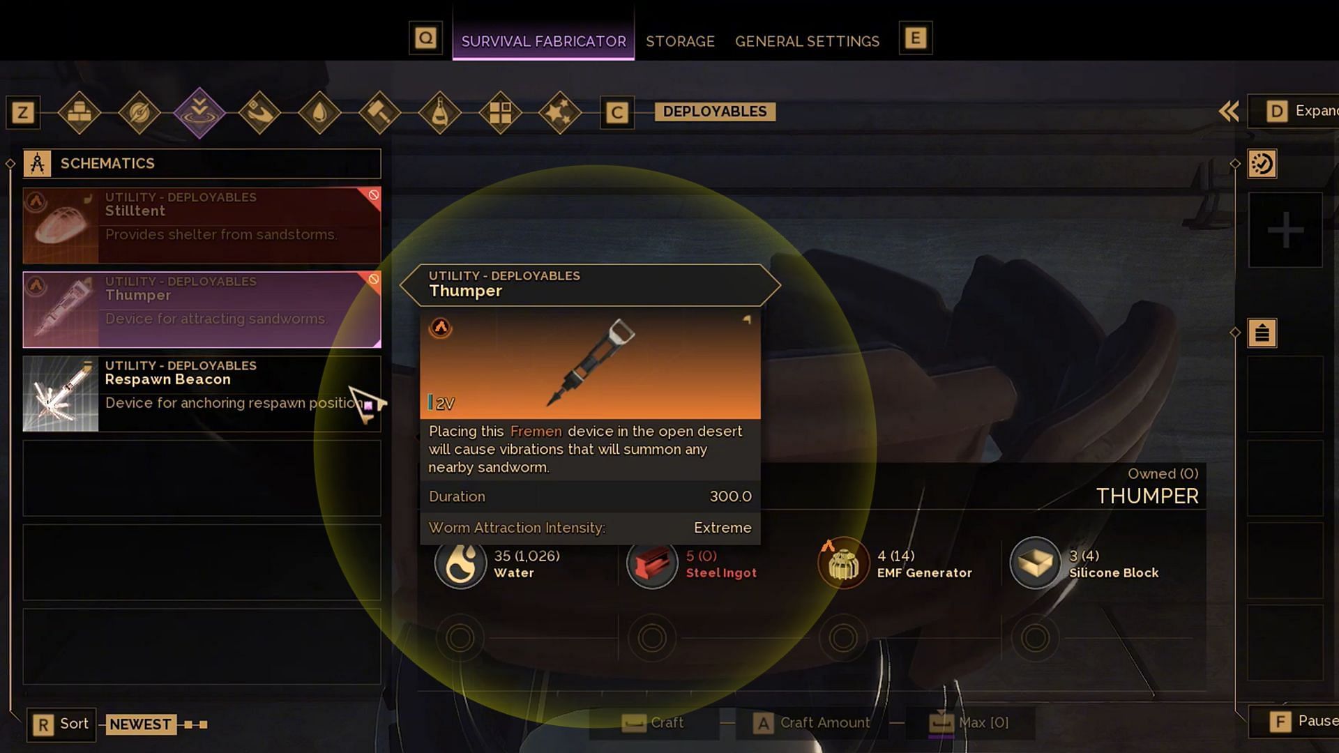 You can craft Thumpers using a Survival Fabricator after unlocking the schematic in the Survival Fabricator (Image via Funcom)